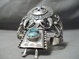 Huge Detailed Kachina Vintage Native American Navajo Turquoise Sterling Silver Bracelet Old-Nativo Arts