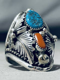 Astounding Native American Navajo Turquoise Coral Sterling Silver Ring-Nativo Arts