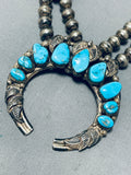 Leaves Older Vintage Native American Navajo Turquoise Sterling Silver Squash Blossom Necklace-Nativo Arts