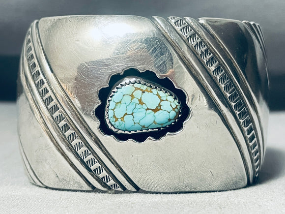 Oblique Work Vintage Native American Navajo #8 Turquoise Sterling Silver Bracelet Old-Nativo Arts