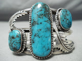 Museum Vintage Native American Navajo Blue Diamond Turquoise Sterling Silver Leaf Bracelet-Nativo Arts