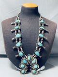 229 Gram Vintage Native American Navajo Turquoise Sterling Silver Squash Blossom Necklace-Nativo Arts