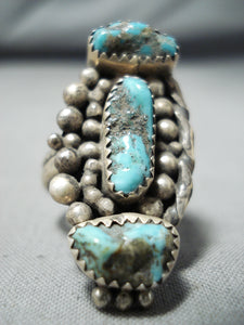 Immense Vintage Native American Navajo Old Kingman Turquoise Sterling Silver Ring Old-Nativo Arts