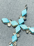 Native American Rare Diamond Shaped Turquoise Vintage Zuni Sterling Silver Cross Necklace-Nativo Arts