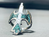 Towering Vintage Native American Navajo Sacred Bird Turquoise Sterling Silver Ring-Nativo Arts
