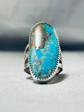 Tsosie Family Native American Navajo Signed Kingman Turquoise Huge Oval Sterling Silver Ring-Nativo Arts