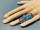 Unique Native American Navajo 2 Kingman Turquoise Sterling Silver Buffalo Gigantic Ring-Nativo Arts