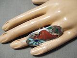 Towering Quam Sr. Native American Zuni Coral Turquoise Sterling Silver Cardinal Ring-Nativo Arts