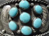 Huge Vintage Native American Navajo Link Turquoise Sterling Silver Leaf Bracelet-Nativo Arts