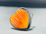 Spectacular Native American Navajo Orange Spiny Oyster Sterling Silver Heart Ring Signed-Nativo Arts