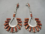 Beautiful Connie Hattie Zuni Coral Sterling Silver Native American Earrings-Nativo Arts