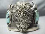 Heavy Detailed Native American Buffalo Turquoise Sterling Silver Bracelet-Nativo Arts