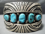 Huge Wide Vintage Native American Navajo Turquoise Sterling Silver Wave Bracelet Old-Nativo Arts