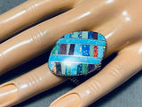 Huge Intricate Native American Turquoise Sterling Silver Inlay Ring-Nativo Arts