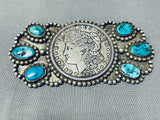 Spectacular Vintage Native American Navajo Morenci Turquoise Sterling Silver Coin Pin-Nativo Arts