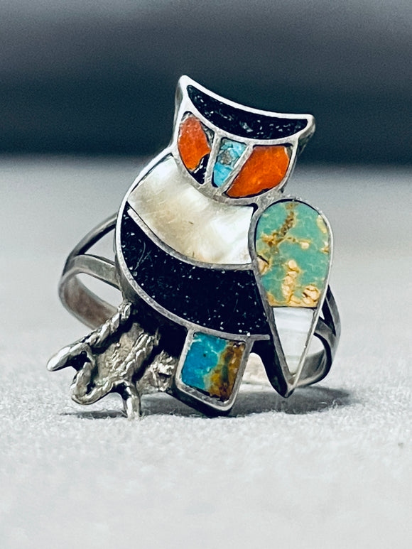 Native American The Most Unique Owl Vintage Zuni Turquoise Coral Sterling Silver Ring Old-Nativo Arts