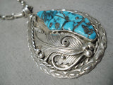 Museum Vintage Native American Navajo Turquoise Inlay Sterling Silver Leaf Necklace-Nativo Arts