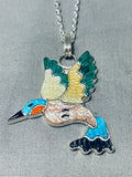 Rare Signed Native American Zuni Inlay Jet Turquoise Coral Hummingbird Sterling Silver Necklace-Nativo Arts