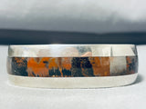 Very Rare Petrified Wood Inlay Native American Navajo Heavy Sterling Silver Bracelet-Nativo Arts