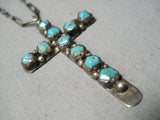 Rare Vintage Native American Navajo Turquoise Sterling Silver Cross Necklace- Early!-Nativo Arts