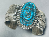 One Of Most Detailed Chief Head Hand Carved Turquoise Sterling Silver Bracelet-Nativo Arts