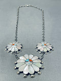 Striking Vintage Native American Zuni Mother Of Pearl Sterling Silver Sunface Necklace-Nativo Arts