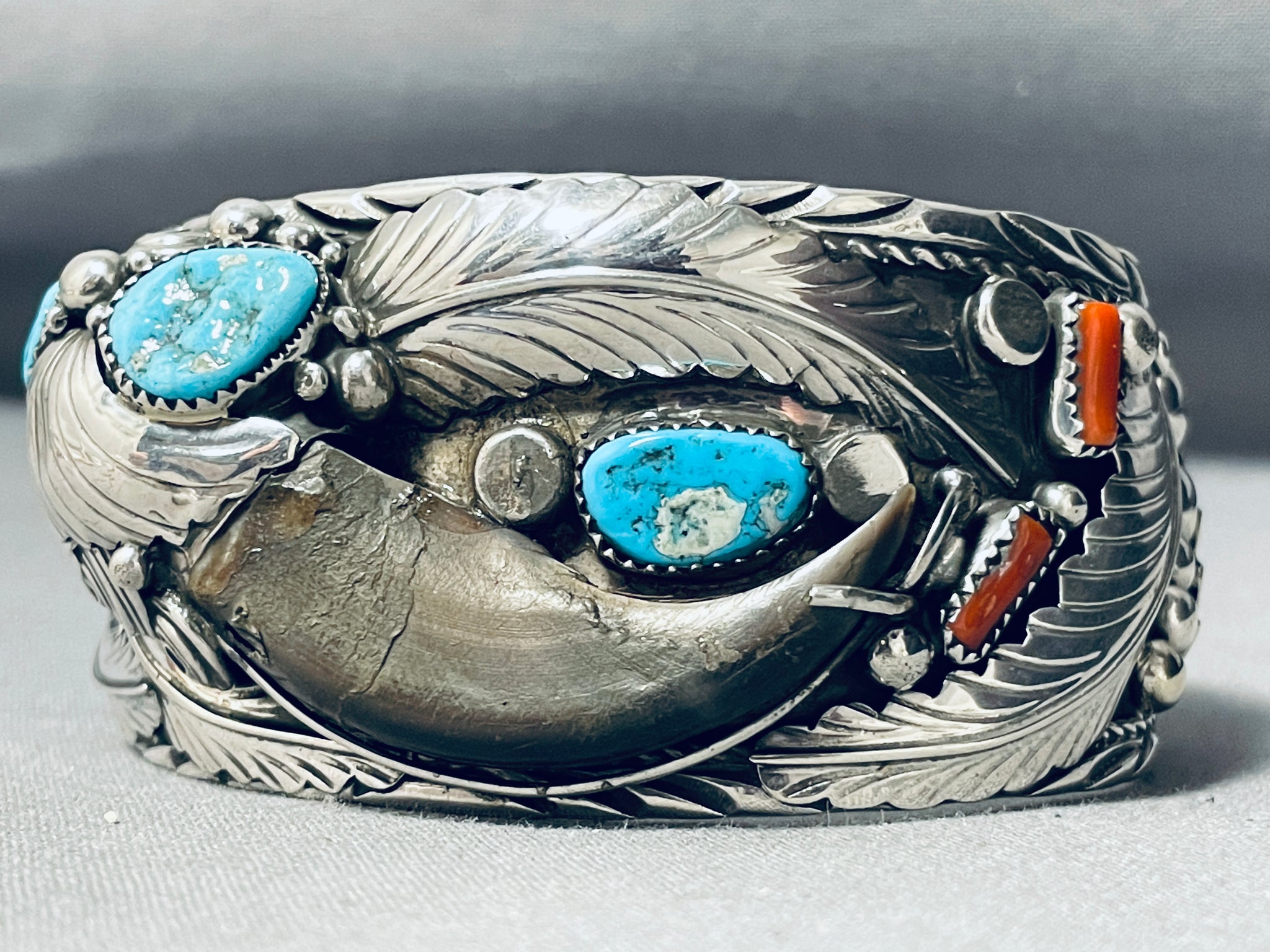 Mens Native American Navajo Turquoise Coral Sterling Silver Leaf