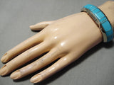 Thick Sturdy Vintage Native American Navajo Sky Blue Turquoise Inlay Sterling Silver Bracelet-Nativo Arts