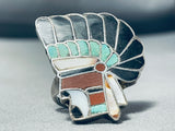 Native American One Of Most Detailed Vintage Navajo Turquoise Inlay Chief Sterling Silver Ring-Nativo Arts