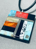 Native American Colorful Santo Domingo Turquoise Black Leather Necklace-Nativo Arts