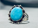 Dynamic Vintage Native American Navajo Blue Gem Turquoise Sterling Silver Ring Signed C. Bia-Nativo Arts