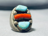 Native American Heavy Mens 34 Grams Turquoise Coral Sterling Silver Ring Old-Nativo Arts