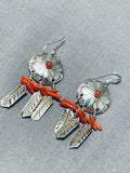 Superb Vintage Native American Navajo Coral Stering Silver Dreamcatcher Earrings-Nativo Arts