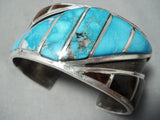 One Of The Best Vintage Native American Navajo Turquoise Inlay Sterling Silver Bracelet Huge-Nativo Arts