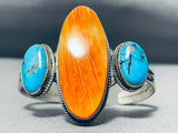 Very Unique Vintage Native American Navajo Turquoise Orange Shell Sterling Silver Bracelet-Nativo Arts