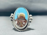 Important Native American Navajo Signed Inlay Turquoise Shell Scene Sterling Silver Ring-Nativo Arts