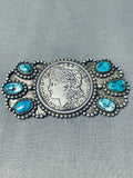 Spectacular Vintage Native American Navajo Morenci Turquoise Sterling Silver Coin Pin-Nativo Arts
