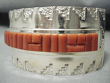 Important Native American Navajo Coral Row Wide Sterling Silver Bracelet Cuff-Nativo Arts
