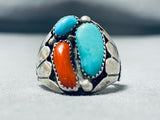 Outstanding Vintage Native American Navajo Turquoise Coral Sterling Silver Ring-Nativo Arts