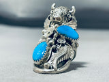 Fascinating Native American Navajo Kingman Turquoise Sterling Silver Buffalo Ring-Nativo Arts