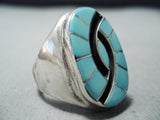 Dazzling Vintage Native American Zuni Blue Gem Turquoise Inlay Sterling Silver Ring-Nativo Arts
