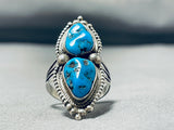 Striking Vintage Native American Navajo 2 Morenci Turquoise Sterling Silver Ring-Nativo Arts