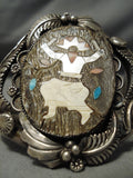 Huge Dancing Kachina Turquoise Vintage Native American Navajo Sterling Silver Bracelet Old-Nativo Arts