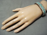 Bneautiful Vintage Native American Zuni Turquoise Pearl Sterling Silver Inlay Bracelet Old-Nativo Arts