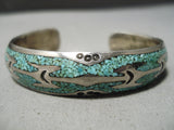 Detailed Vintage Native American Navajo Turquoise Inlay Sterling Silver Bracelet Old-Nativo Arts