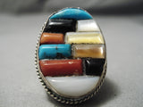 Native American Huge Men's Thick Sturdy Turquoise Coral Inlay Sterling Silver Ring Old-Nativo Arts