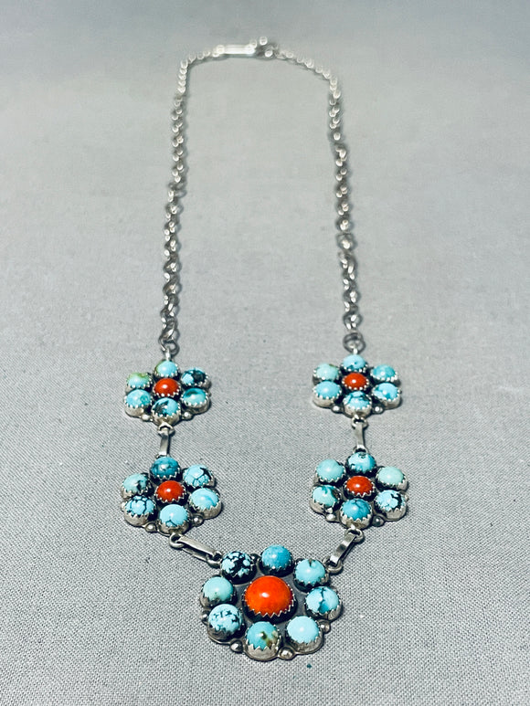 Beautiful Vintage Native American Zuni 5 Turquoise Coral Sterling Silver Clusters Necklace-Nativo Arts