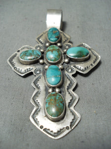 Remarkable Vintage Native American Navajo Damale Turquoise Sterling Silver Pendant Old-Nativo Arts