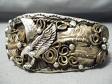Detailed Al Chee Vintage Native American Navajo Soaring Eagle Sterling Silver Gold Bracelet-Nativo Arts