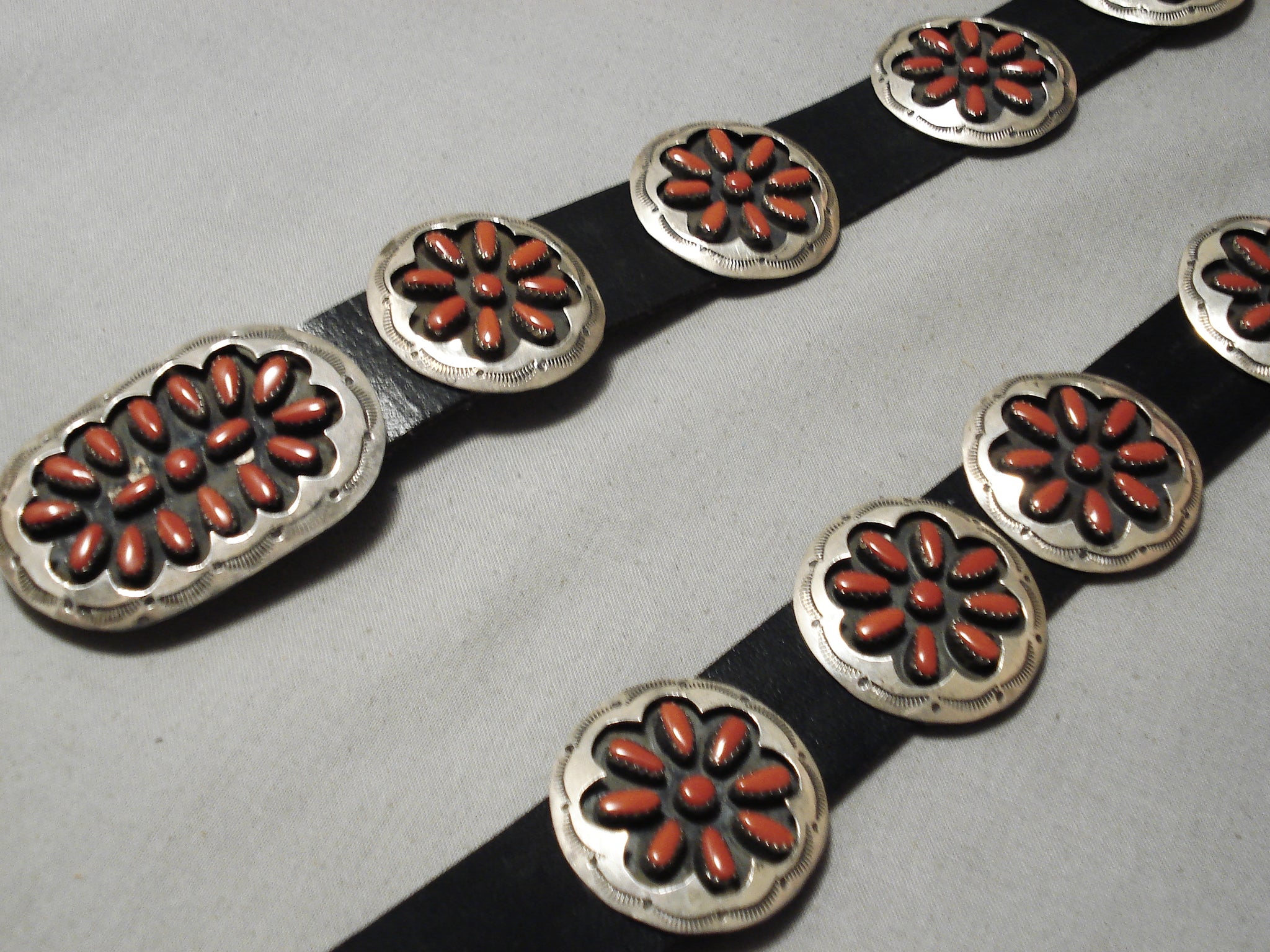 AMAZING Vintage Native American Navajo Sterling Silver Coral Concho Belt SIGNED Hand Tooled Vintage Native American Navajo Sterling Silver  main image 2